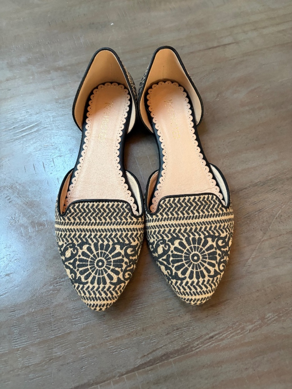 Restricted D’ Orsay, black and tan woven flats.